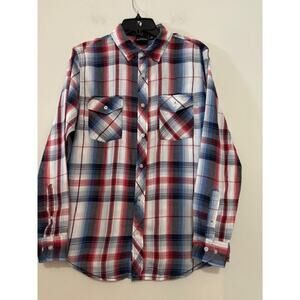 Burnside Button Down Shirt Plaid Native American Patch Mens Medium Unique
